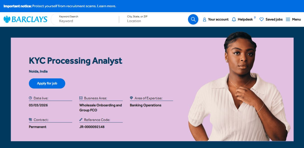 Barclays Recruitment Drive; Hiring KYC Processing Analyst