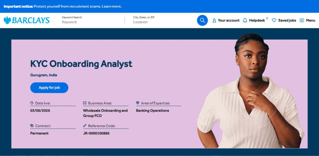 Barclays Recruitment Drive; Hiring KYC Onboarding Analyst
