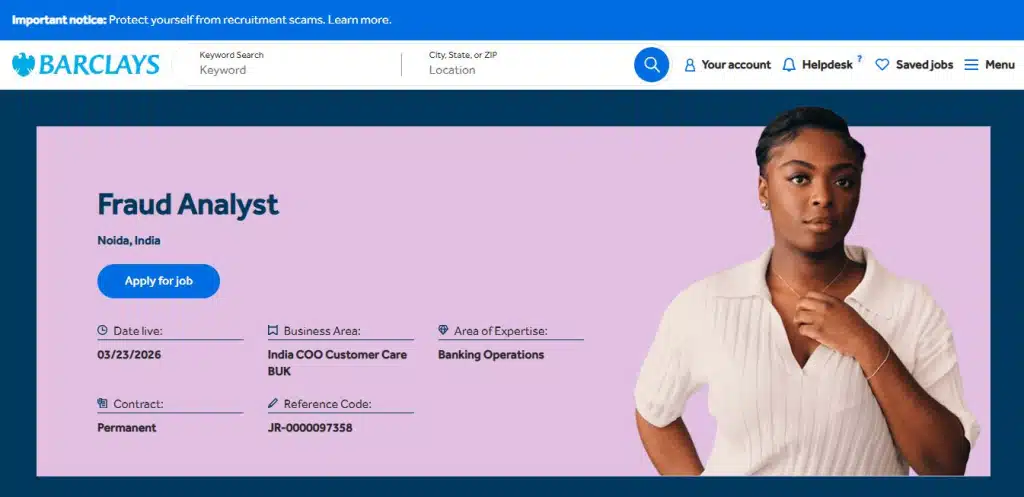 Barclays Recruitment Drive; Hiring Fraud Analyst
