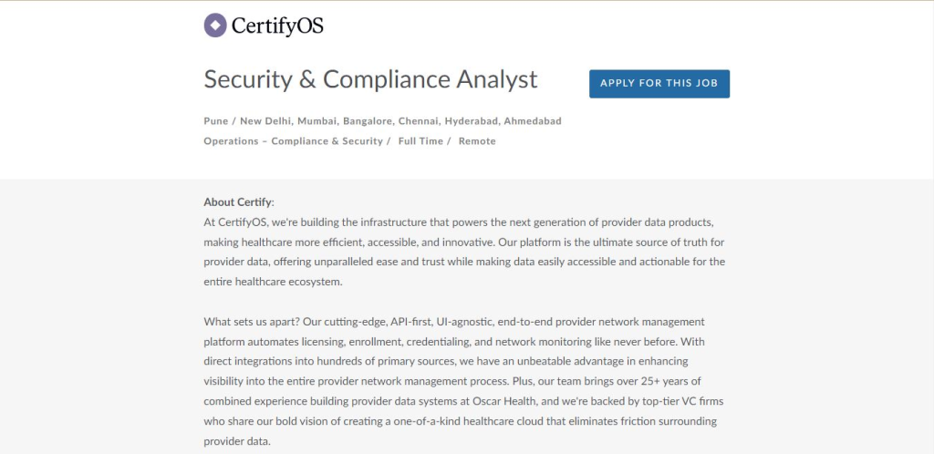 CertifyOS Work from Home Jobs; Hiring Security & Compliance Analyst