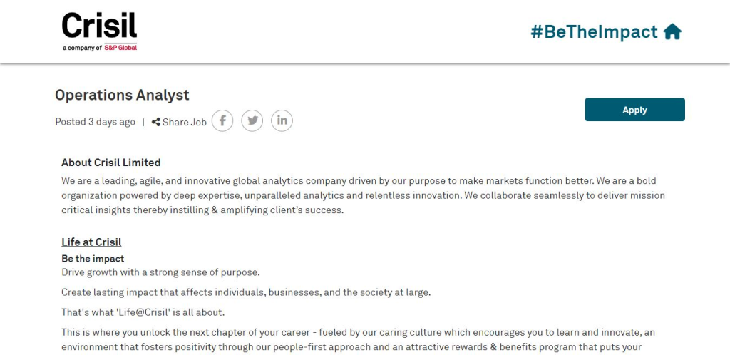 Crisil Recruitment Drive; Hiring Operations Analyst