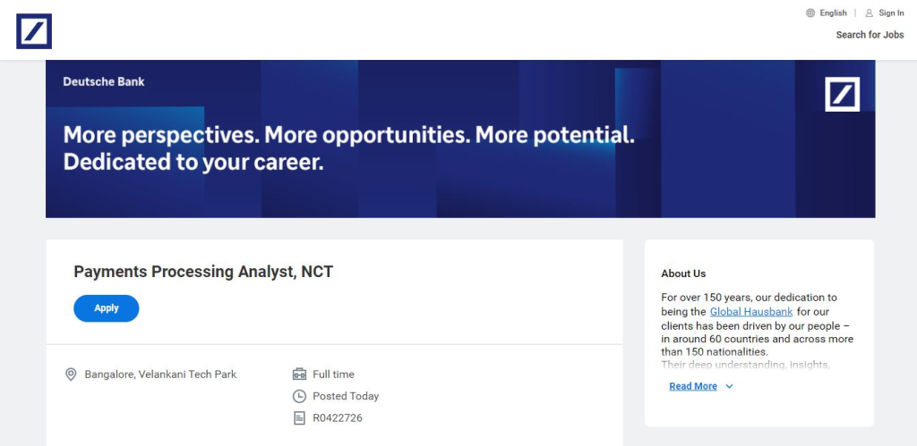 Deutsche Bank Recruitment Drive; Hiring Payments Processing Analyst