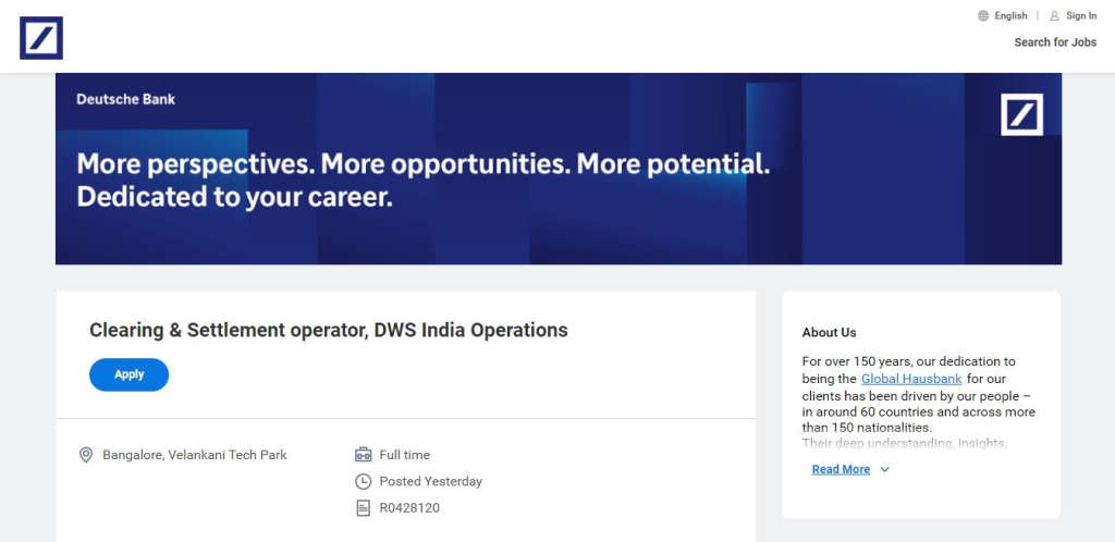 Deutsche Bank Recruitment Drive; Hiring Clearing & Settlement Analyst