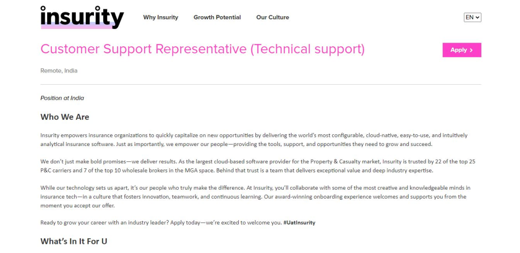 Insurity Work from Home Jobs; Hiring Customer Support