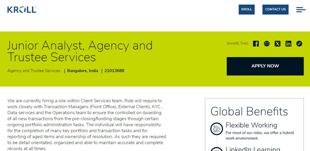 Kroll Recruitment Drive; Hiring Junior Analyst
