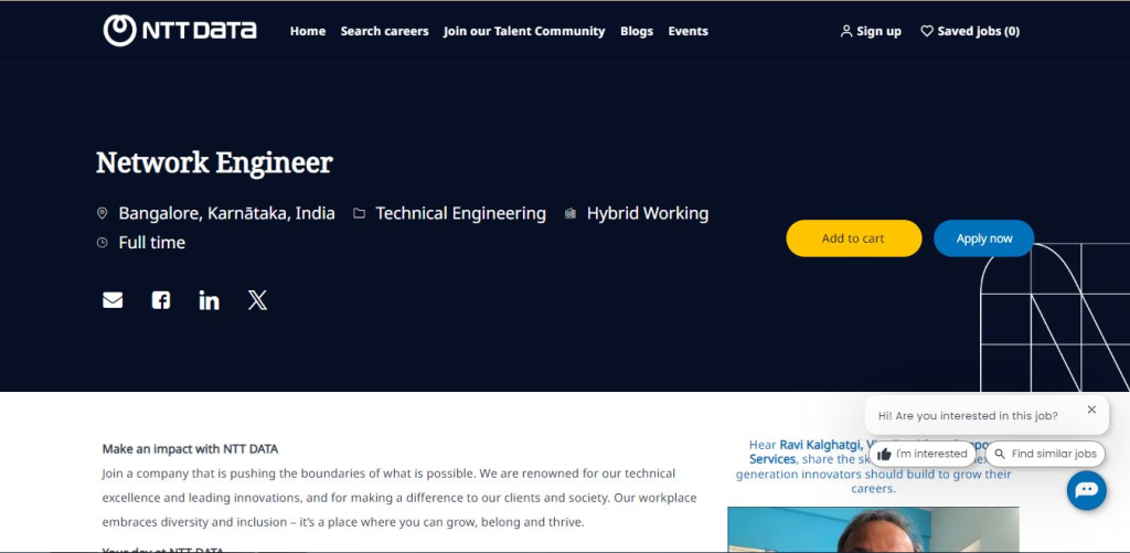 NTT Data Recruitment Drive; Hiring Network Engineer