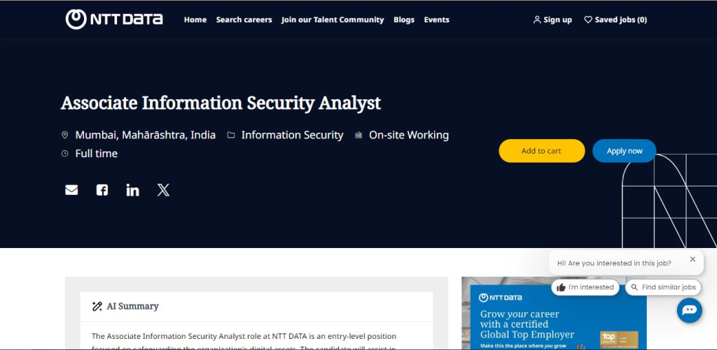 NTT Data Recruitment Drive; Hiring Associate Information Security Analyst