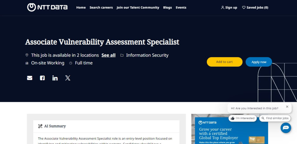 NTT Data Recruitment Drive; Hiring Associate Vulnerability Assessment Specialist