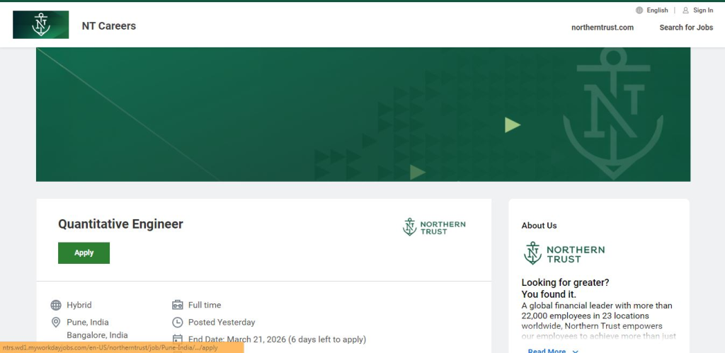 Northern Trust Recruitment Drive; Hiring Quantitative Engineer
