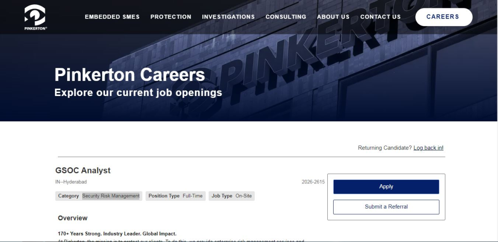 Pinkerton Recruitment Drive; Hiring GSOC Analyst