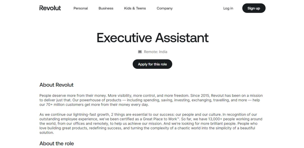 Revolut Work from Home Jobs; Hiring Executive Assistant