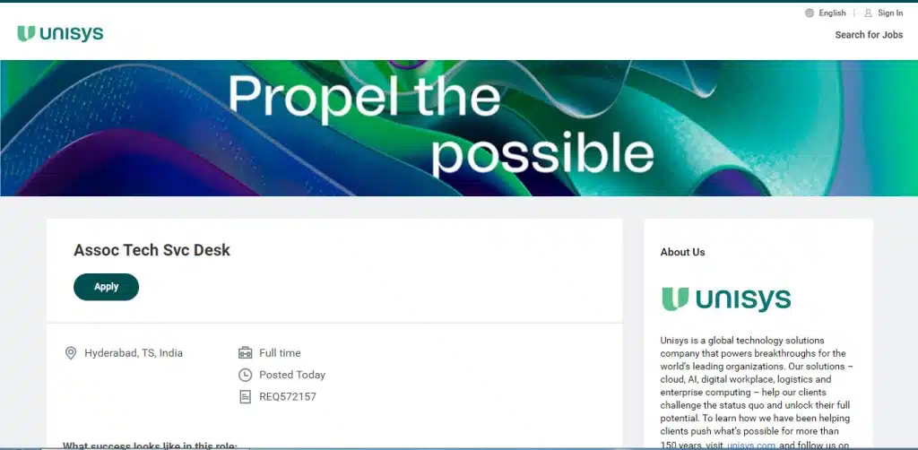 Unisys Recruitment Drive; Hiring Associate Technical Service Desk