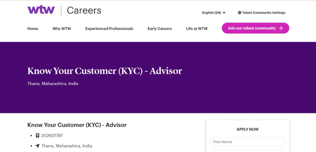 WTW Recruitment Drive; Hiring KYC Advisor