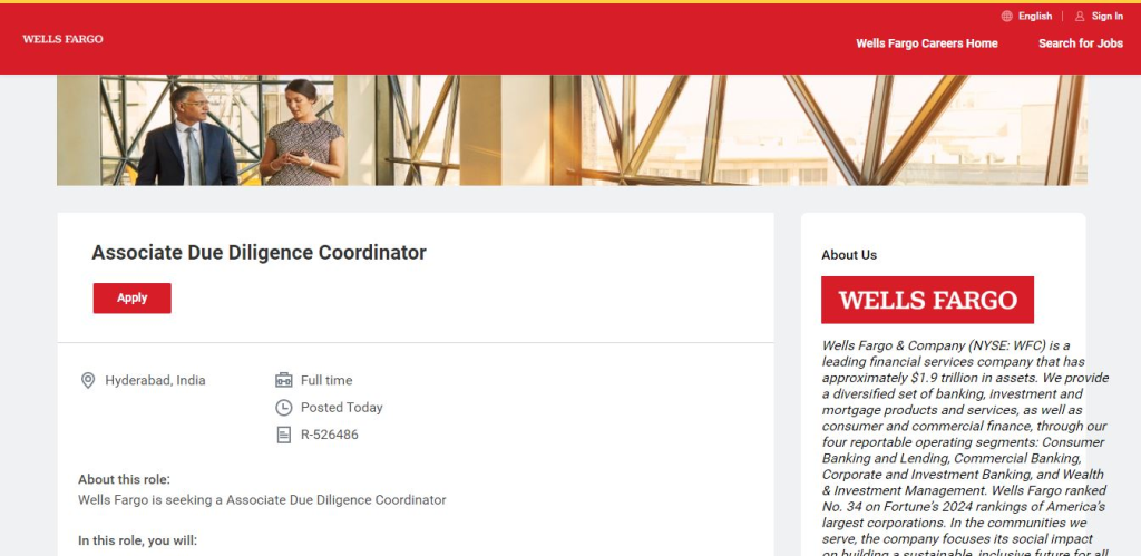 Wells Fargo Recruitment Drive; Hiring Associate Due Diligence Coordinator
