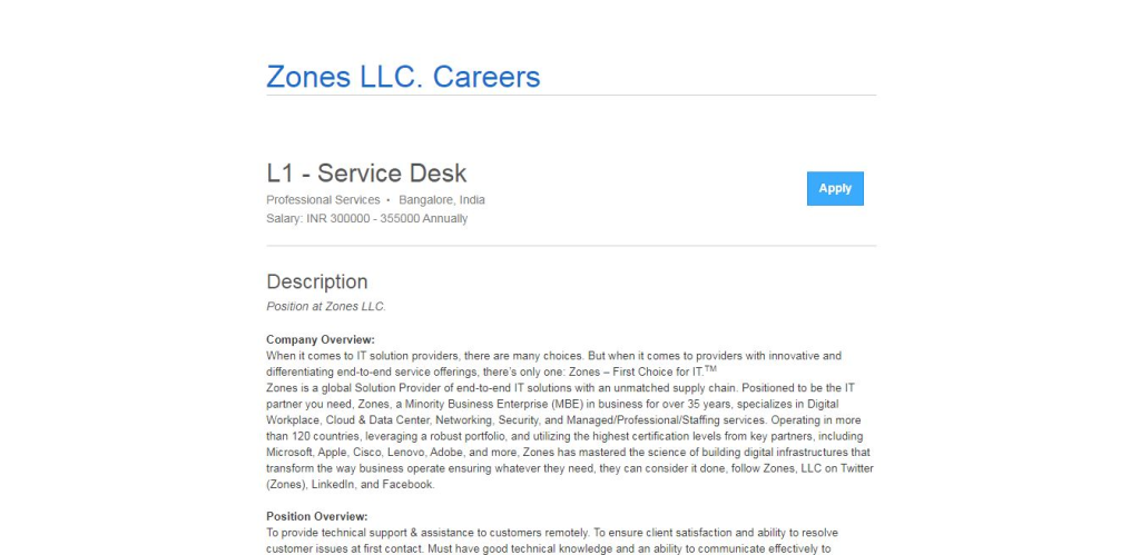 Zones Recruitment Drive; Hiring Service Desk L1 