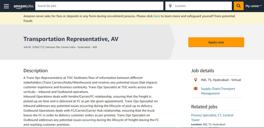 Amazon Work from Home Jobs; Hiring Transportation Representative