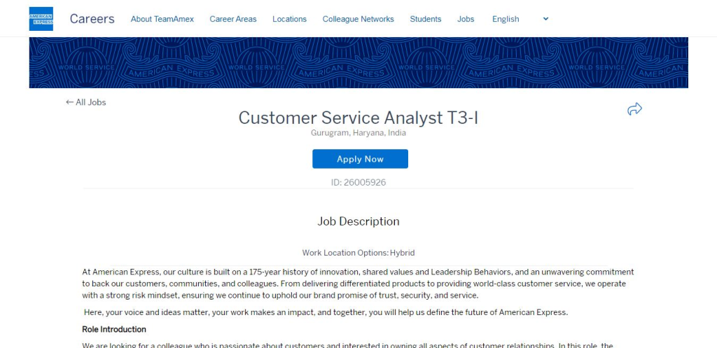 American Express Recruitment Drive; Hiring Customer Service Analyst