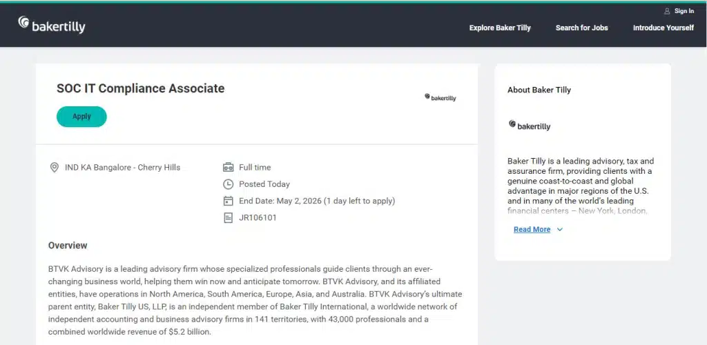 Baker Tilly Recruitment Drive; Hiring SOC IT Compliance Associate