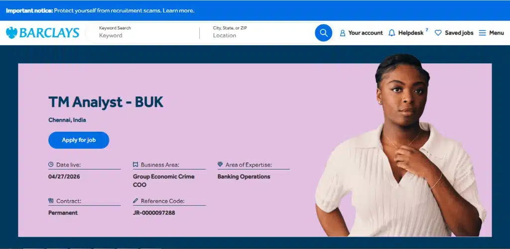Barclays Recruitment Drive; Hiring TM Analyst
