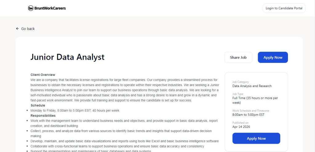 BruntWork Work from Home Jobs; Hiring Junior Data Analyst