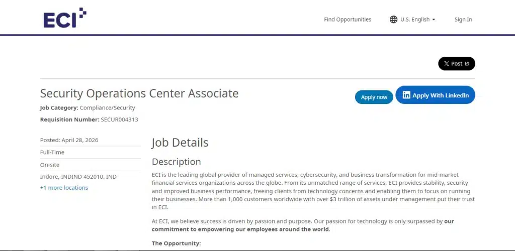 ECI Recruitment Drive; Hiring SOC Associate