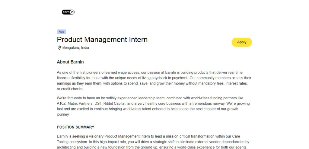 EarnIn Internship Drive; Hiring Product Management Intern