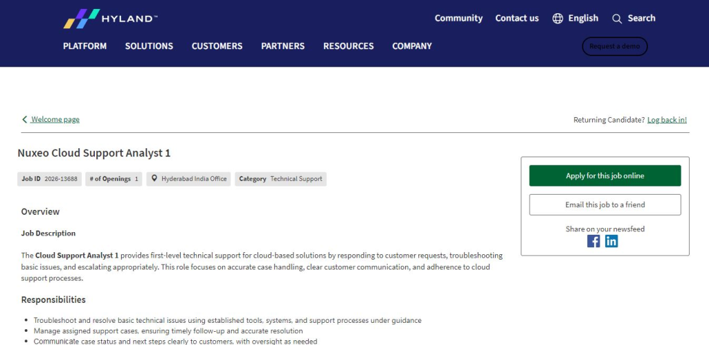 Hyland Recruitment Drive; Hiring Cloud Support Analyst 1