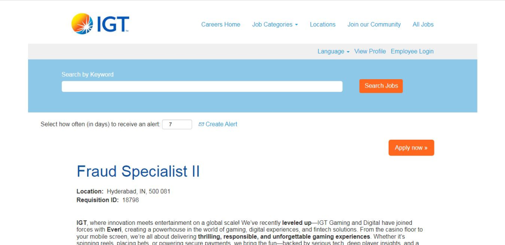 IGT Recruitment Drive; Hiring Fraud Specialist