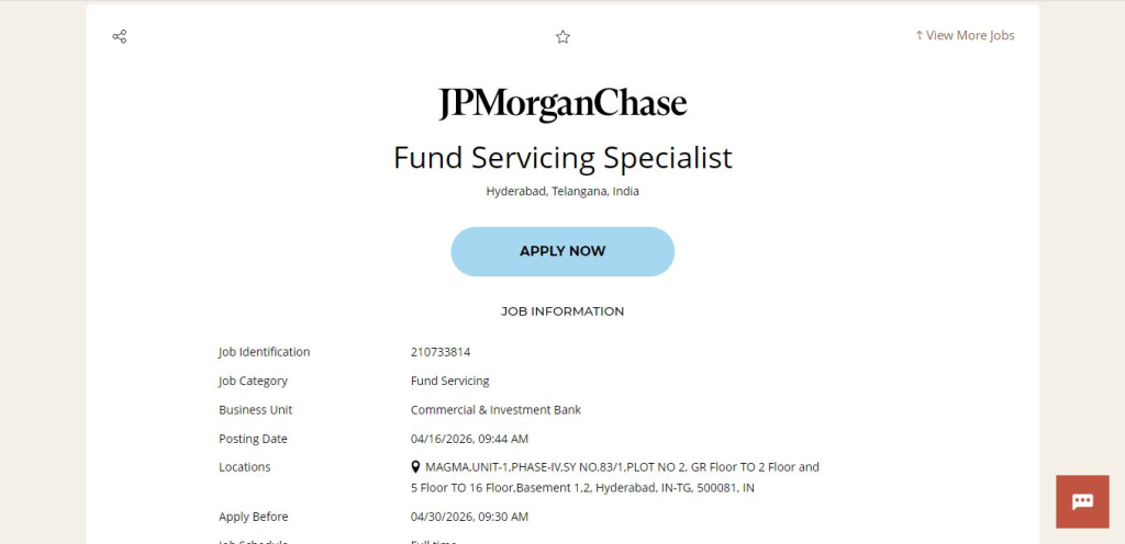 JPMorgan & Chase Recruitment Drive; Hiring Fund Servicing Specialist