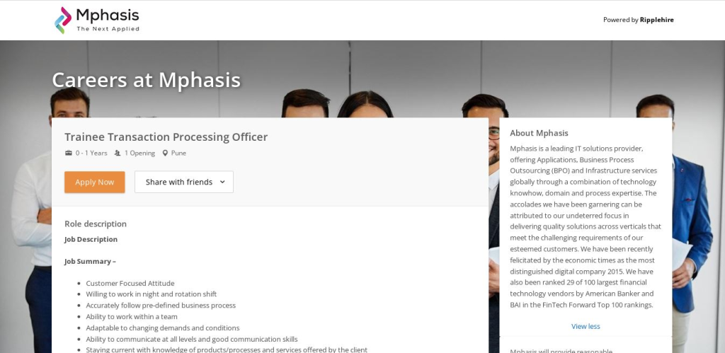 Mphasis Recruitment Drive; Hiring Trainee
