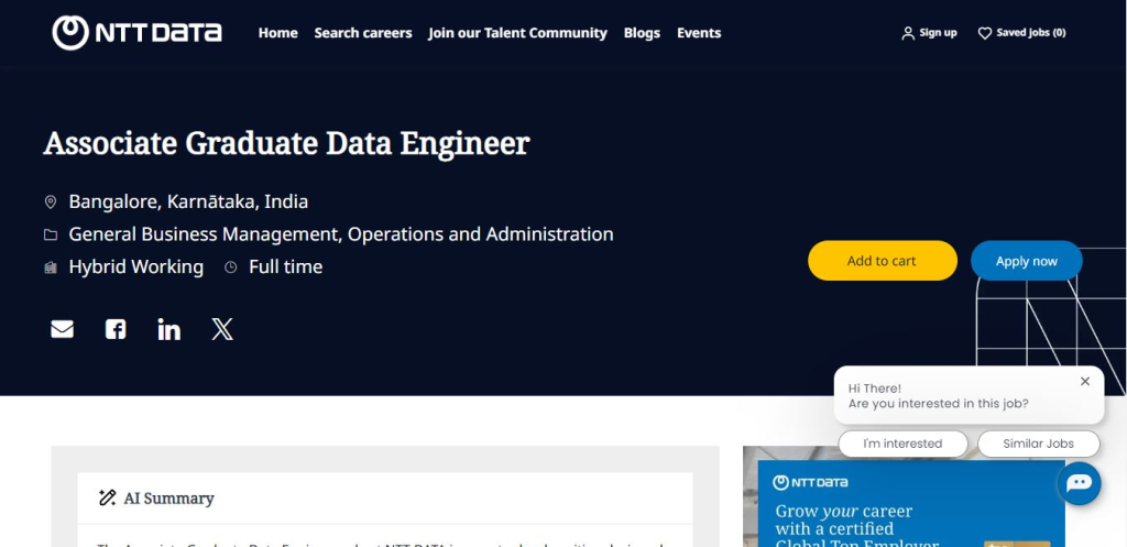 NTT Data Recruitment Drive; Hiring Associate Graduate Data Engineer