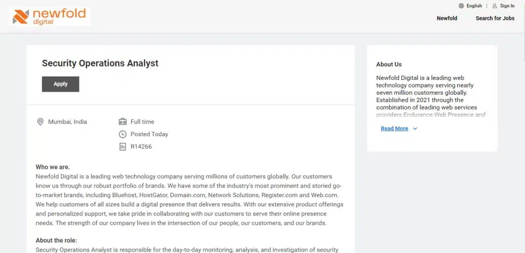 Newfold Digital Recruitment Drive; Hiring Security Operations Analyst