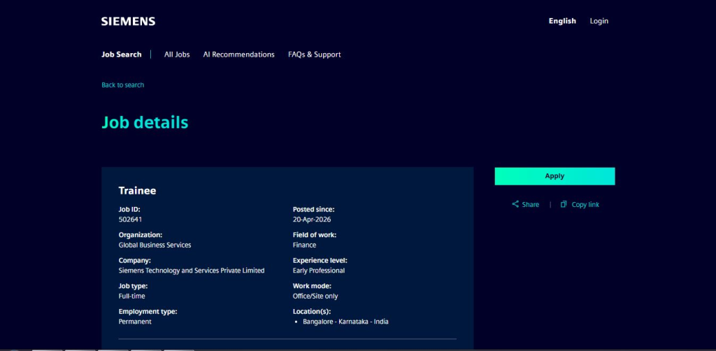 Siemens Recruitment Drive; Hiring Trainee