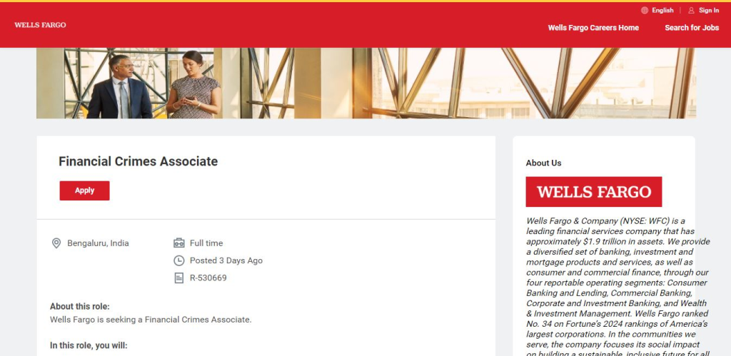 Wells Fargo Recruitment Drive; Hiring Financial Crimes Associate