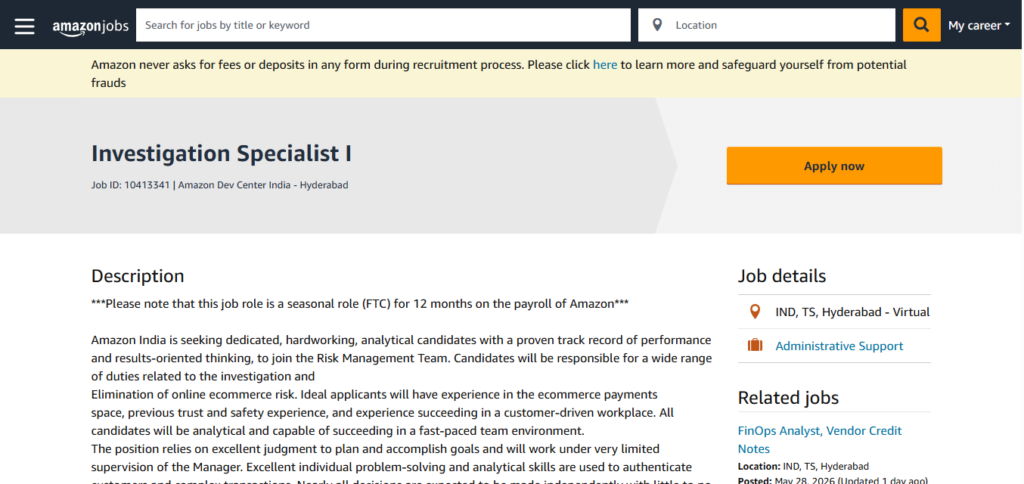 Amazon Work from Home Jobs; Hiring Investigation Specialist I