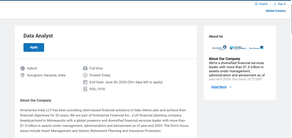 Ameriprise Recruitment Drive; Hiring Data Analyst