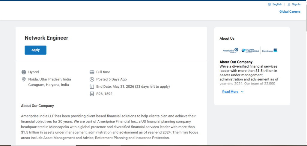 Ameriprise India Recruitment Drive; Hiring Network Engineer