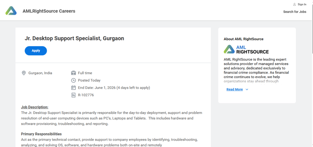 AML RightSource Recruitment Drive; Hiring Jr. Desktop Support Specialist