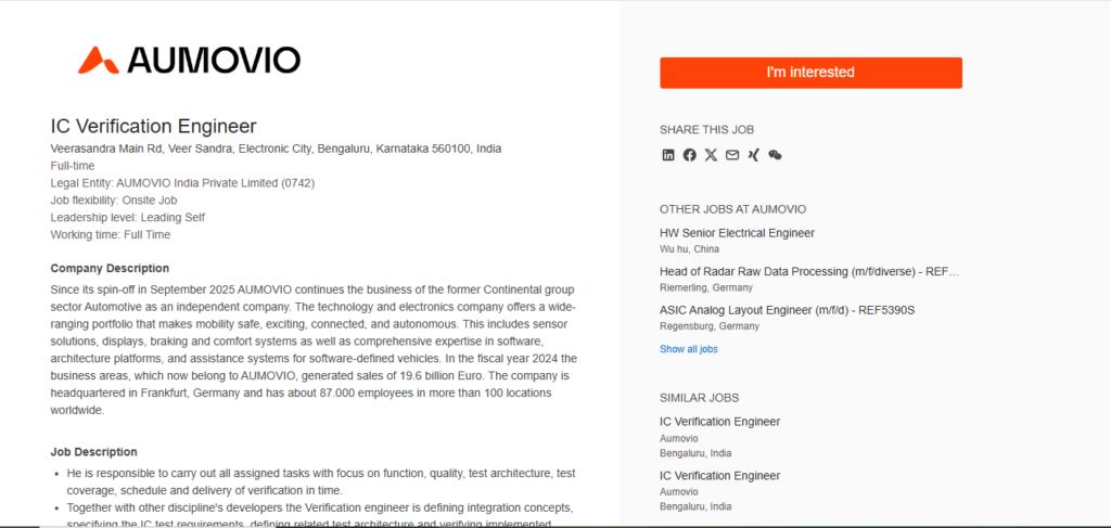 AUMOVIO Recruitment Drive; Hiring IC Verification Engineer