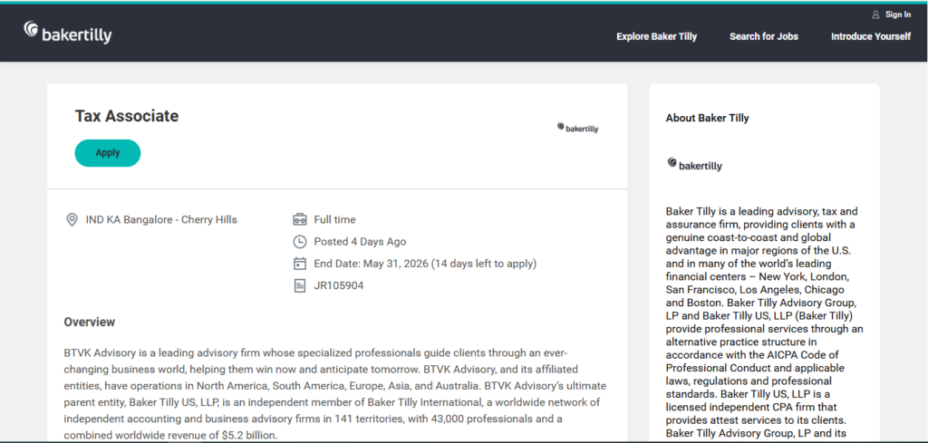 Baker Tilly Recruitment Drive; Hiring Tax Associate