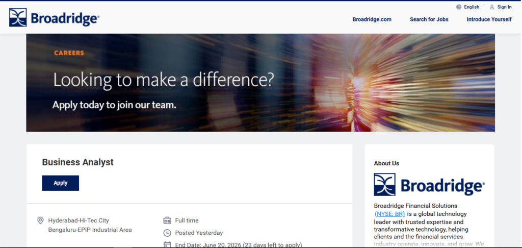 Broadridge Recruitment Drive; Hiring Business Analyst 