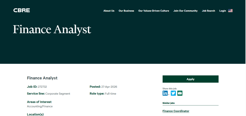 CBRE Recruitment Drive; Hiring Finance Analyst