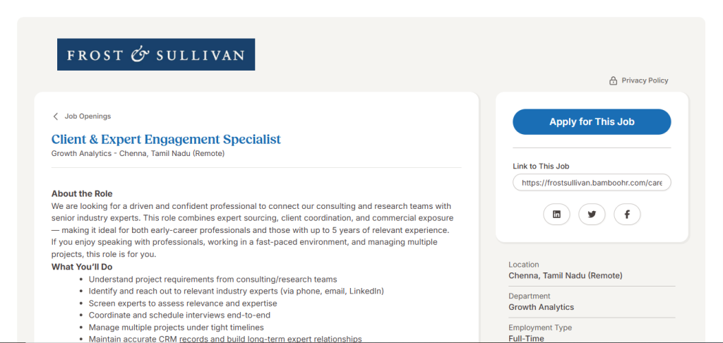Frost & Sullivan Work from Home Jobs; Hiring Client & Expert Engagement Specialist