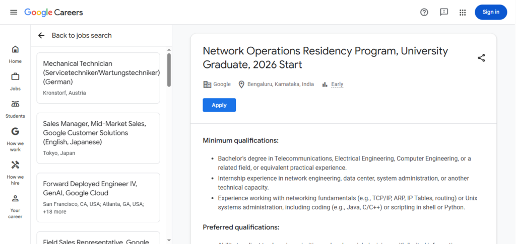 Google Recruitment Drive; Hiring Network Operations 