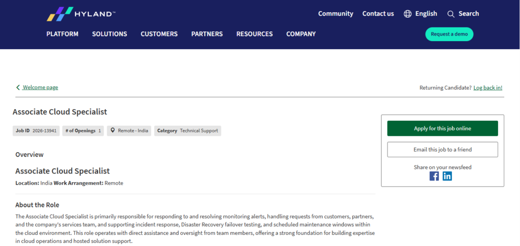 Hyland Work from Home Jobs; Hiring Associate Cloud Specialist