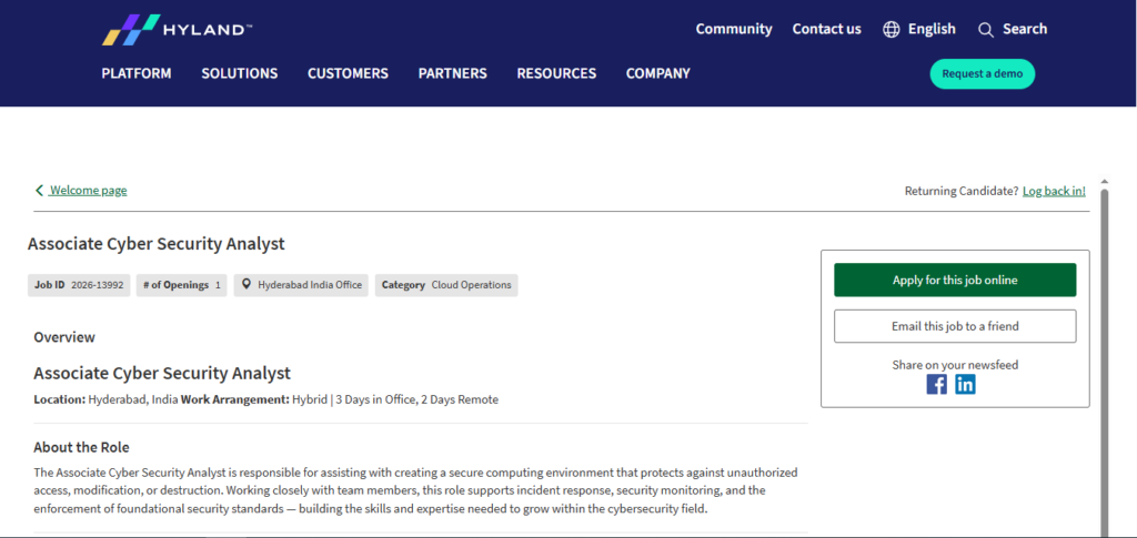 Hyland Recruitment Drive; Hiring Associate Cyber Security Analyst