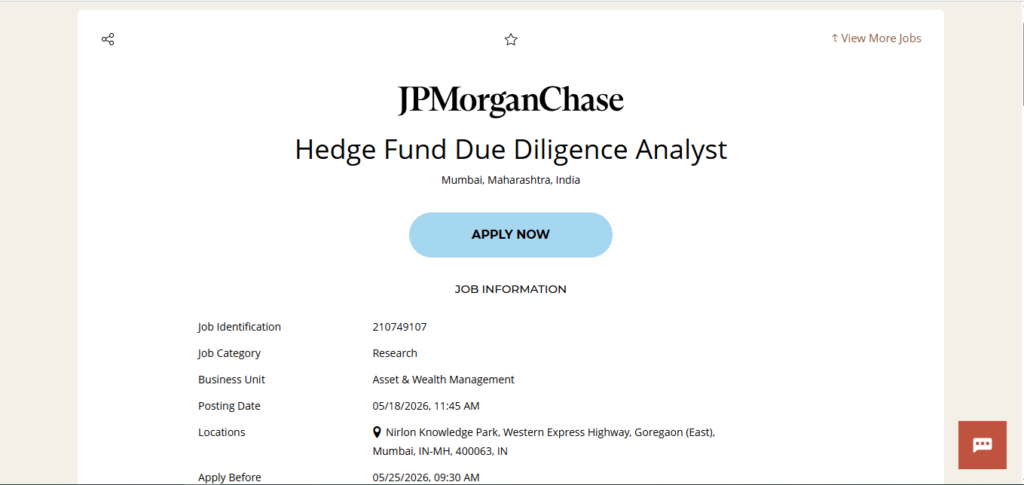 JPMorgan & Chase Recruitment Drive; Hiring Due Diligence Analyst
