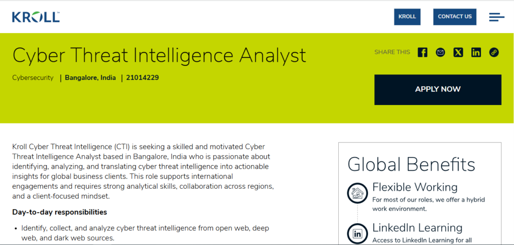 Kroll Recruitment Drive; Hiring Cyber Threat Intelligence Analyst