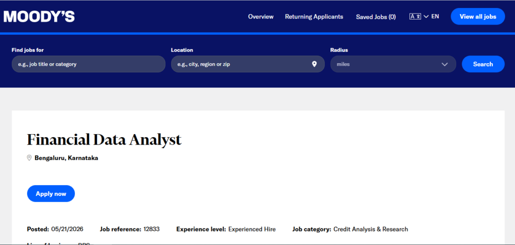 Moody’s Recruitment Drive; Hiring Financial Data Analyst