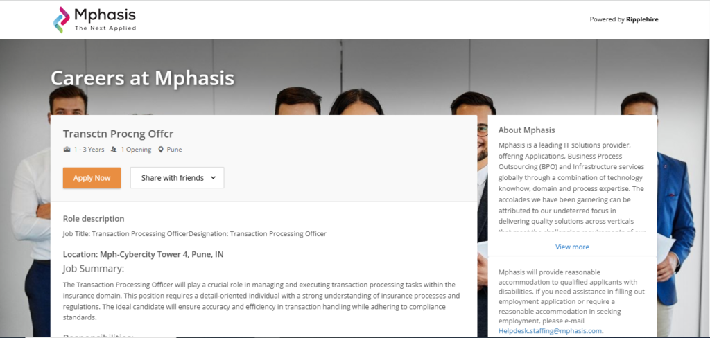 Mphasis Recruitment Drive; Hiring Transaction Processing Officer